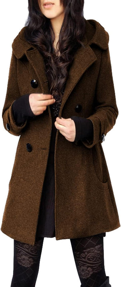 Women'S Warm Double Breasted Wool Pea Coat Trench Coat Jacket with Hood