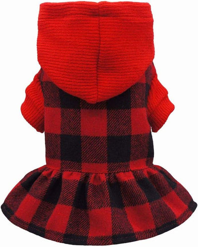 Knitted Plaid Dog Dress Hoodie Sweatshirts Pet Clothes Sweater Coats Cat Outfits Red Medium