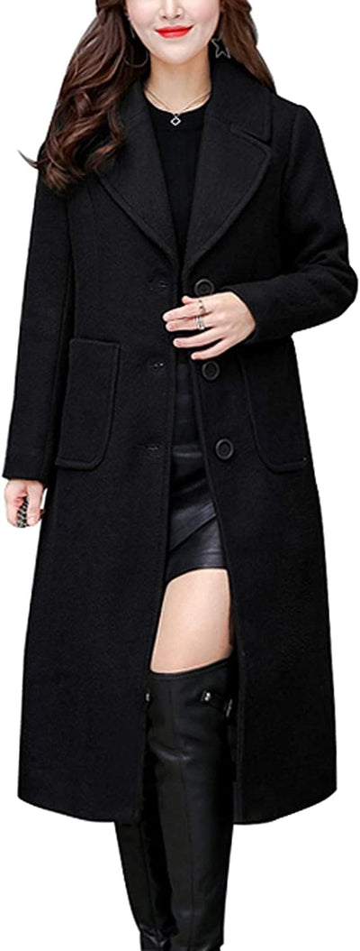 Women'S Big Notch Lapel Single Breasted Mid-Long Wool Blend Coat