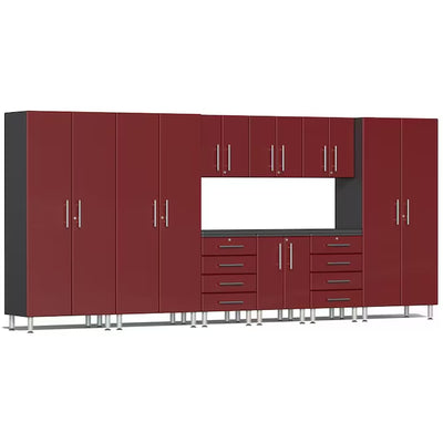 177.3-Inches W X 80-Inches H 9 -Cabinets Composite Wood Red Metallic Facing over Gray Cabinet Box Garage Storage System