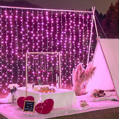 300 LED Pink Curtain Lights Indoor, Pink String Lights Plug In, 8 Modes Valentine Day Pink Lights for Bedroom Window Wall Party Backdrop Xmas Valentine Decorations, 9.8X9.8Ft