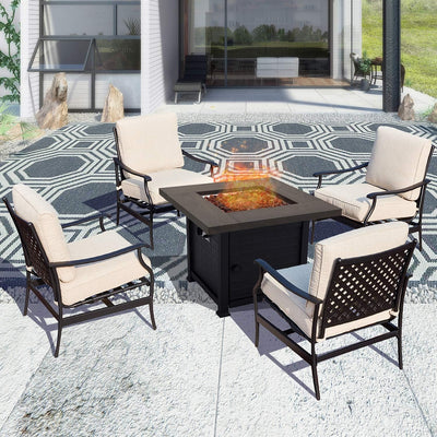 Patio Conversation Set Outdoor Furniture Sets CSA Certification 50,000 BTU 33.9 Inch Propane Fire Pit Table with Rocking Chairs (5 Pcs,Beige)