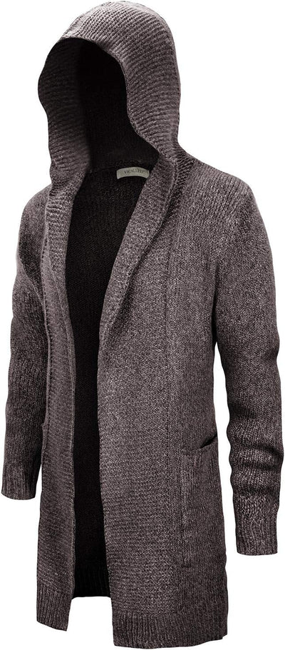 Men'S Long Cardigan Sweater Hooded Knit Slim Fit Open Front Longline Cardigans with Pockets