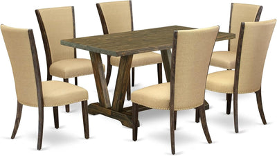 V776VE703-7 7 Piece Dining Table Set Consist of a Rectangle Dining Room Table with V-Legs and 6 Brown Linen Fabric Upholstered Chairs, 36X60 Inch, Multi-Color