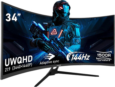 34 Inch Ultrawide Curved 144Hz Gaming Computer Monitor 1500R PC Screen 21:9 UWQHD (3440X1440),Adaptive Sync,178° Viewing Angle,Hdmi、Display Port,Compatible with Wall Mounting - Black