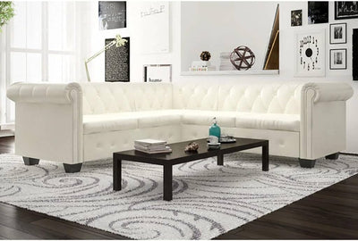 Chesterfield Corner Sofa Faux Leather, L Shape 5-Seater Sectional Sofa Faux Leather with Cushions and Wooden Frame for Living Room Office 80.7" X 80.7" X 28.7" (L X W X H) White