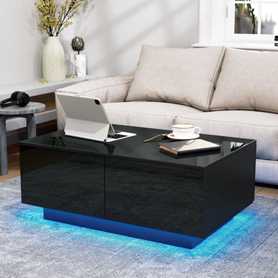 LED Coffee Table with 4 Drawers Modern Center Cocktail End Side Table Black High Gloss Finish for Living Room