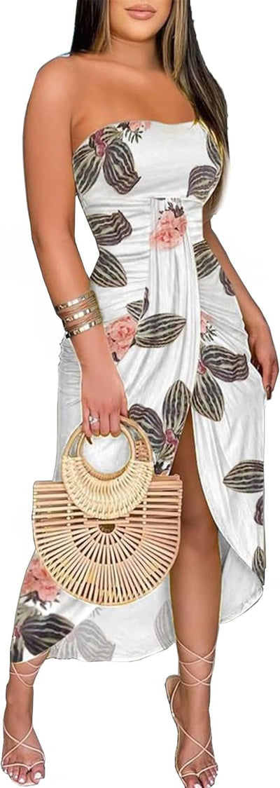 Women'S Strapless Ruched High Waist Wrap Split Asymmetrical Beach Maxi Long Dress