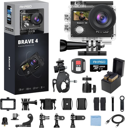 Brave 4 Action Camera 4K 30Fps with 128GB Microsdxc Card 20MP Ultra HD 131FT Waterproof Underwater Camera EIS Wifi Remote Control 5X Zoom Sport Cameras with Bicycle Accessories Kit Bundle