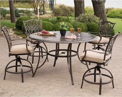 5-Piece Traditions High Patio Set in Tan with 4 Counter-Height Swivel Chairs, Plush Uv-Resistant Natural Oat Cushions, and 56 Inch Cast-Top Outdoor Dining Table