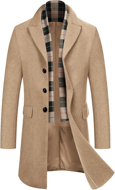 Men'S Wool Blend Coat with Detachable Plaid Scarfs Notched Collar Single Breasted Pea Coat Trench Overcoat