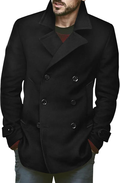 Mens Classic Business Pea Coat Winter Warm Double Breasted Heavyweight Trench Coats