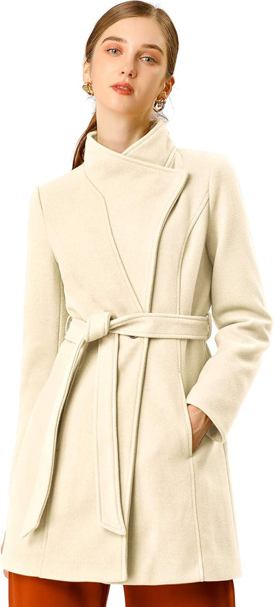 Women'S Classic Stand Collar Long Sleeve Winter Belted Long Coat