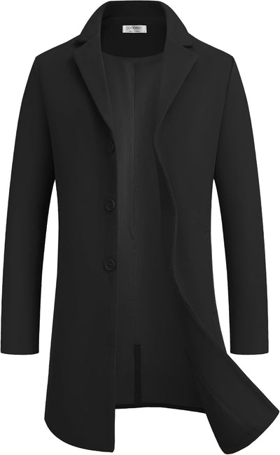 Mens Wool Blend Coat Winter Trench Coats Notched Lapel Collar Single Breasted Overcoat Classic Peacoat with Pockets