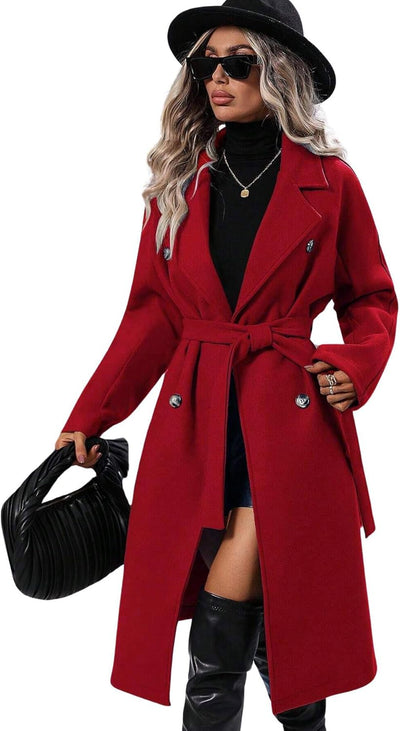 Womens Long Wool Pea Coat Notched Lapel Double Breasted Trench Coat Winter Warm Overcoat with Belt