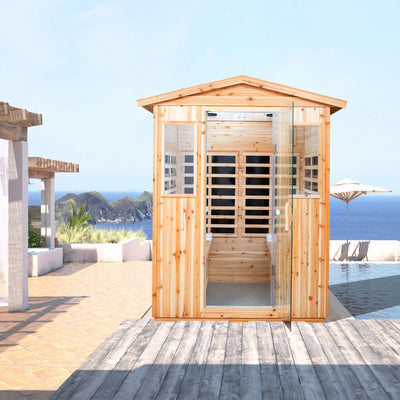 Clearance! Outdoor Sauna for 4 Person,Applicable Indoors and Outdoors. Far Infrared Sauna 8 Low EMF Heaters, Wooden Sauna Room 2050 Watt, Old Chinese Fir, Chromotherapy, Bluetooth Speaker, LCD, LED.