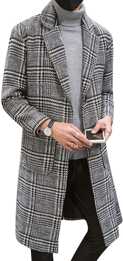 Mens Winter Trench Coat Notched Collar Single Breasted Plaid Mid Long Peacoat Overcoats with Pockets