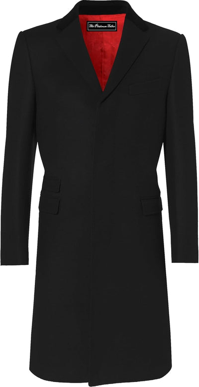 Mens Black Overcoat Wool & Cashmere Covert Warm Winter Mod Coat Velvet Collar & Red Satin Lining