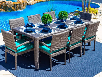 Sorrento 9-Piece Resin Wicker Outdoor Patio Furniture Dining Table Set in Gray W/Dining Table and Eight Cushioned Chairs (Flat-Weave Gray Wicker, S Canvas Aruba)