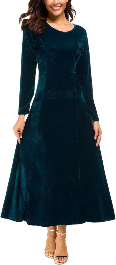 Women'S Elegant Long Sleeve Ruched Velvet Stretchy Long Dress