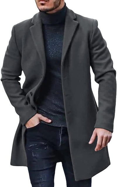 Mens Trench Coat Slim Fit Notched Collar Fall Winter Single Breasted Pea Coat Warm Soft Overcoat