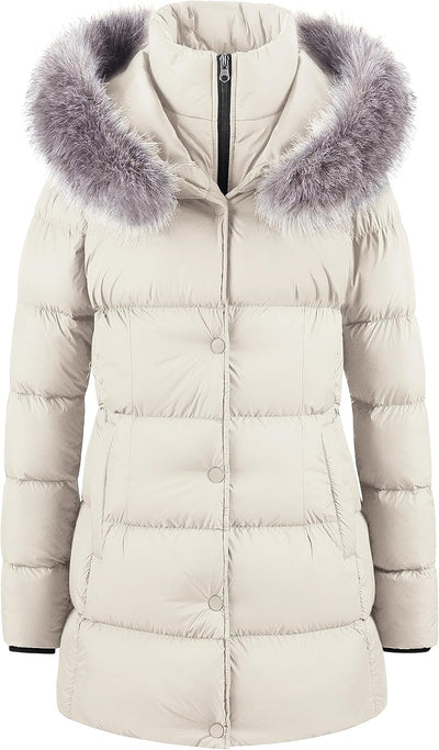 Women'S Winter Snow Jacket Long Fur Puffer Coat with Removable Faux Fur Trim