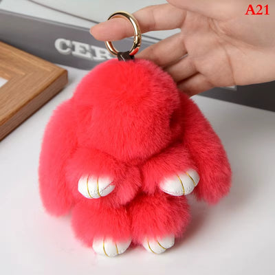 Rabbit Keychain Ring Fluffy Real Fur Pompon Bunny Trinket Key Chain Charm Cute Key Ring on Bag Car Key Pendant