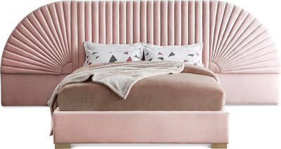 Cleo Collection Modern | Contemporary Velvet Upholstered Bed with Gold Steel Legs and Removable Panels, King, Pink