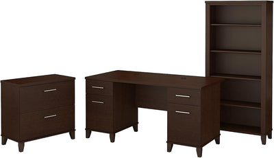 Bush Furniture Somerset 60W Office Desk with Lateral File Cabinet and 5 Shelf Bookcase in Mocha Cherry