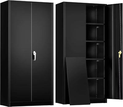 Storage Cabinet, 72” Black Garage Steel Locking Cabinet with Doors and 4 Adjustable Shelves, Tall Lockable File &Tool Cabinet Fo