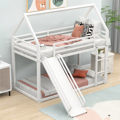 Twin over Twin House Bunk Bed with Ladder and Slide for Bedroom, White