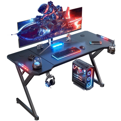 55 Inch Gaming Desk with LED, Ergonomic Computer Table for Adult and Teen, Black