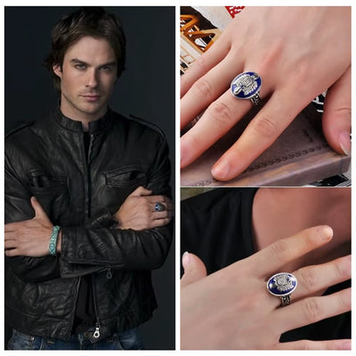 925 Sterling Silver the Vampire Diaries Damon Salvatore Lapis Lazuil Mens Ring Jewelry US Size 8 12#