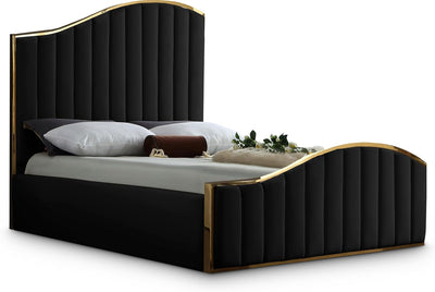 Jolie Collection Modern | Contemporary Velvet Upholstered Bed with Channel Tufting, and Polished Gold Metal Frame, Black, Queen