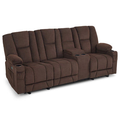 Power Reclining Sofa W/ Console and Massage USB Ports for Living Rooom Brown Fabric 6035