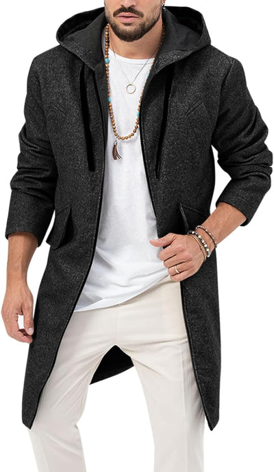 Mens Trench Coat Wool Blend Hoodie Long Jacket Full Zip Winter Classic Business Overcoat