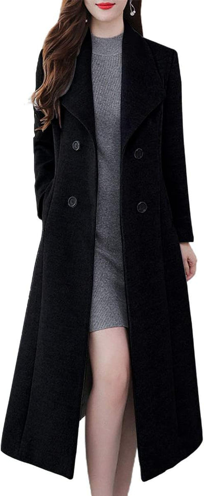 Women'S Shawl Collar Double Breasted below Knee Slim Wool Trench Long Coat