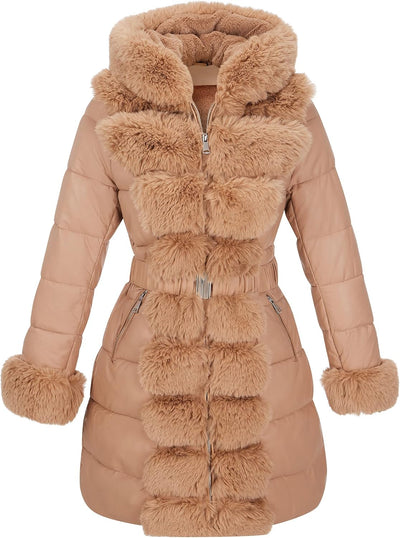 Puffer Jacket Women Winter Fur Lined Coat with Long Fur Collar Hooded Cold-Resistant, Warm Bubble Overcoat