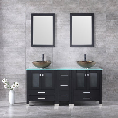 60 Inch Bathroom Vanity with Sink, Black Double Cabinet with Double Glass Vessel Sink and Faucet Combo (Brown 1), 60" Bathroom Vanity and Sink Combo