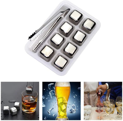 8Pcs Whiskey Stones Stainless Steel Ice Cubes Reusable Chilling Whiskey Stones Beverage Rocks with Tongs & Freezer Storage Tray for Whiskey Wine Beverage