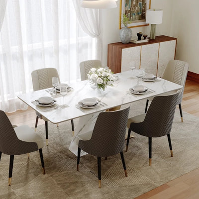 71" Modern Luxury White Rectangular Dining Table with Glossy Sintered Stone Tabletop, White and Gold Z-Shaped Stainless Steel Base