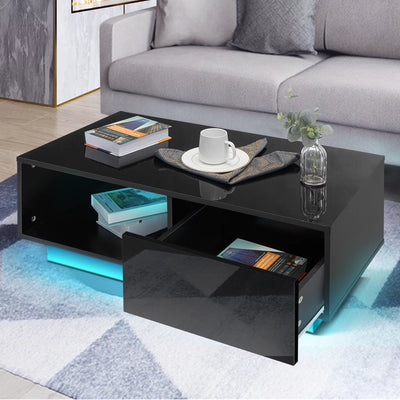 High Gloss Coffee Table with 16 Colors LED Lights, Living Room Storage Sofa Table End Side Table with 2 Drawer