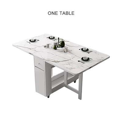 （Only Table）Dining Table with Storage Rack and 2 Drawers, Movable Kitchen Table Extendable Versatile Table Foldable in 3 Forms