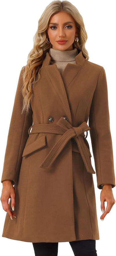 Winter Belted Coat for Women'S Stand Collar Buttoned Outwear Mid-Long Work Overcoat