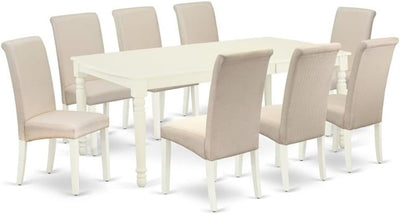 DOBA9-LWH-01 9 Piece Modern Dining Table Set Includes a Rectangle Wooden Table with Butterfly Leaf and 8 Cream Linen Fabric Parsons Dining Chairs, 42X78 Inch, Linen White