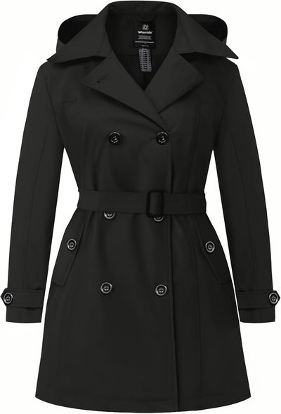 Women'S plus Size Trench Coat Double-Breasted Waterproof Lapel Overcoat Stylish Pea Coat with Detachable Hood