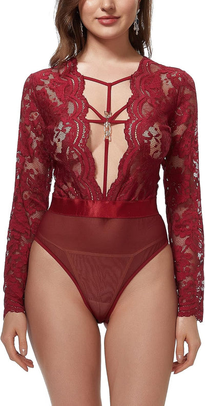 Women Lace Bodysuit Sexy Snap Crotch Long Sleeve Deep V Teddy Lingerie Tops