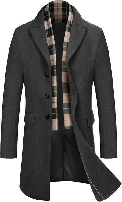 Men'S Wool Blend Coat with Detachable Plaid Scarfs Notched Collar Single Breasted Pea Coat Trench Overcoat