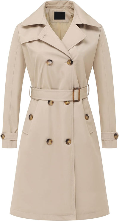 Women'S Double Breasted Long Trench Coats Mid-Length Belted Overcoat Dress Jacket with Detachable Hood