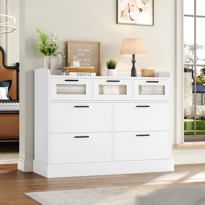 7 Drawer White Dresser for Bedroom, Glass Panel Wood Storage Cabinet for Living Room Dining Room